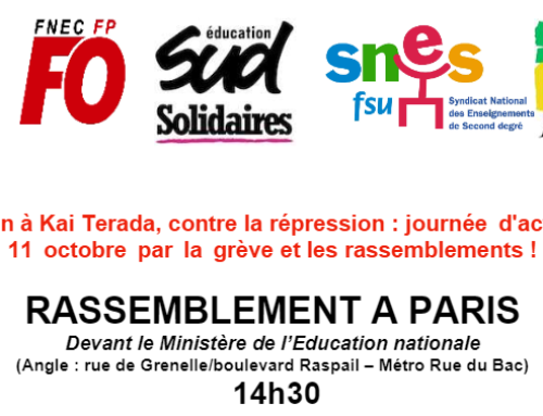 Contre la répression antisyndicale en soutien à Kai Terada Rassemblement à Paris le 11 octobre à 14h30